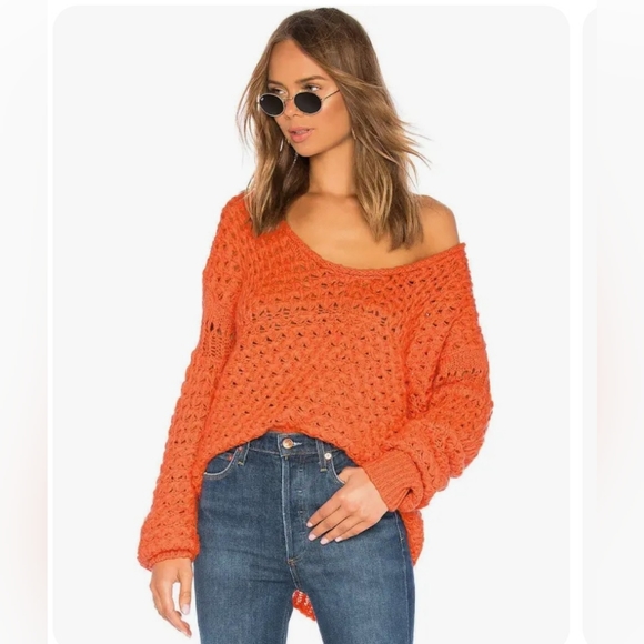 𝅺FREE PEOPLE ORANGE Crashing Waves Pullover Chunky Knit Oversize Sweater Size S - Picture 2 of 11